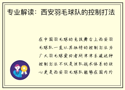 专业解读：西安羽毛球队的控制打法